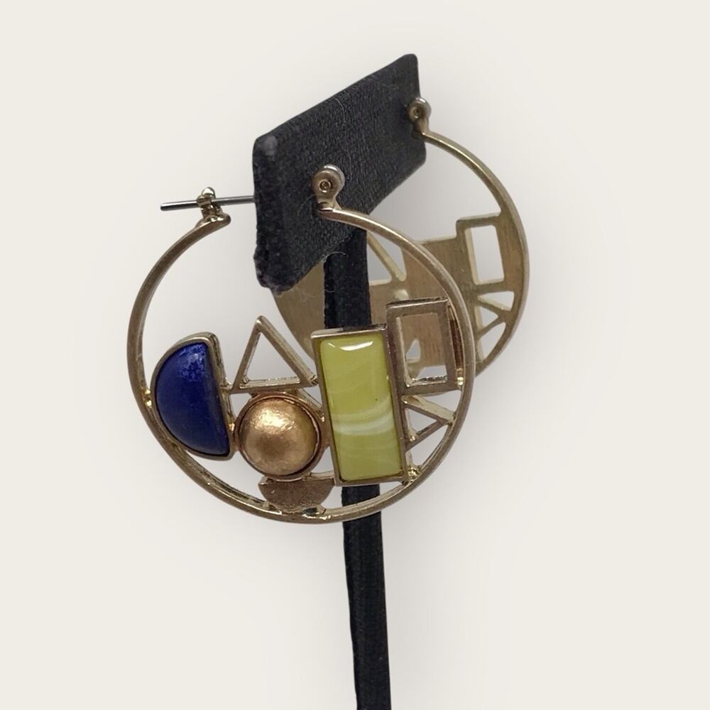 Art Deco Geometric Gold & Blue Green Hoop Earrings